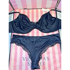 Victoria's Secret Bra Body By Victoria & Lace Satin Thong Panty 40D XL Black